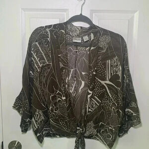 Chicos brown and white 100% silk shrug with tie front. Size medium